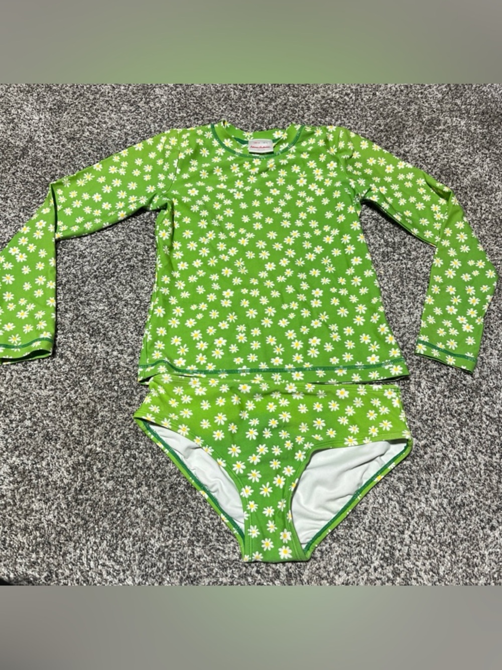 Hanna Andersson 140 (10) Long Sleeve Green Daisy Swim Top Rash Guard And Bottoms